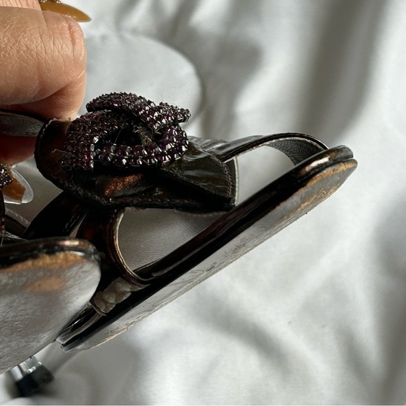 VIA SPIGA Women’s Paten Leather High Heel 6.5 T-Strap Rhinestone Brown Party - Picture 7 of 10